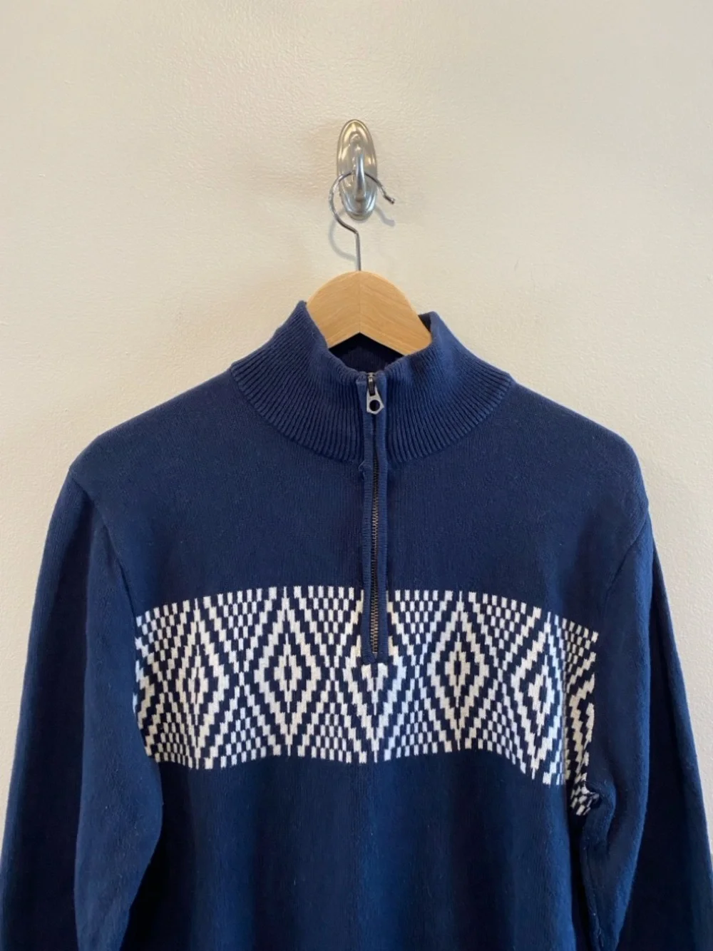 J.Crew Mens 1/4 zip heritage sweater 100% cotton navy preppy pullover fair isle
